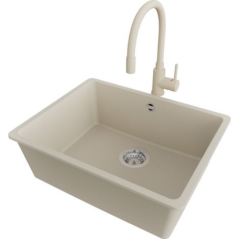 PRIMAGRAN Evier Cuisine en Granit 56x44cm,Lavabo 1 bac + Robinet 38x14cm + Kit de Vidage, Évier à Encastrer au meuble 60cm - Venise Slim Easy, Beige (1/5)