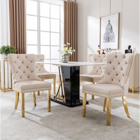 Chaise de salle à manger en velours beige, pieds en acier inoxydable doré, lot de 4, DESVIAE (1/5)