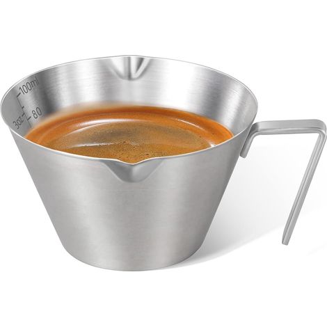 100-ml-Messbecher, Kaffeemaschine aus Edelstahl mit Griff, Doppelauslauf und doppelter Skala – silber
