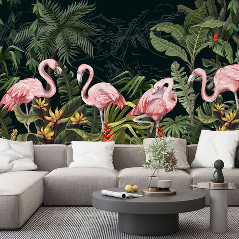 Papier peint panoramique - Flamants roses Fleurs - 130 cm x 87 cm (1/4)
