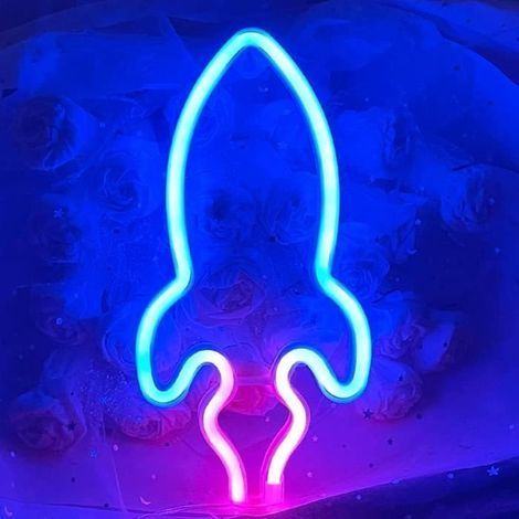 (Blau, Rosa) Neonreklame – Rakete – LED – Blau und Rosa – USB- oder batteriebetrieben – Innendekoration (1/4)