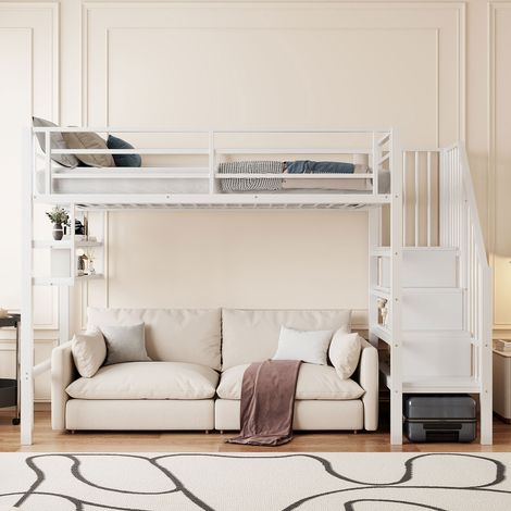 Lit surélevé 90x200cm, blanc, avec étagères et échelle de rangement, espace sous le lit pour jouer, barrière de sécurité, sans matelas (1/5)