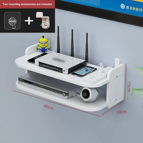(2 niveaux 45 cm) Étagère suspendue WiFi, multiprise, support mural flottant dissimulé pour câbles, routeur et décodeur TV - Organisateur de rangement (1/5)
