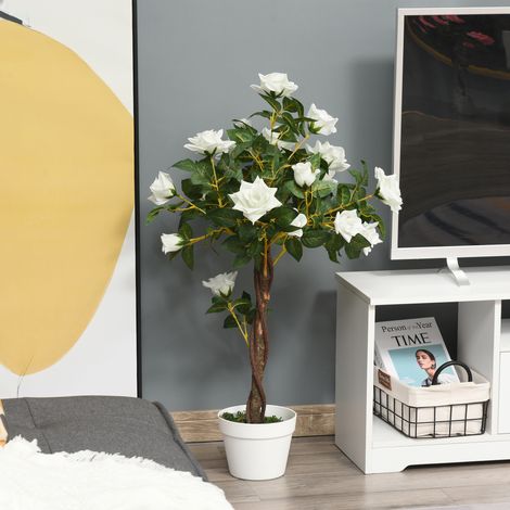 Grand rosier artificiel 90 cm en plastique réaliste – plante décorative en pot pour salon, chambre, bureau, jardin – décoration intérieure moderne