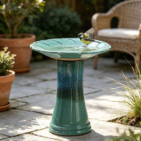 CHICFURN Baño para pájaros de cerámica Ø43 x 45 cm turquesa, relieve de hoja, para jardín y terraza