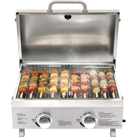 Tisch-Gasgrill mit 2 Brennern aus Edelstahl – Tragbarer Gasgrill mit Thermometer – Piezo-Zündung – Klappbare Standfüße für Balkon, Garten, Camping, Grillpartys und Picknicks (1/5)