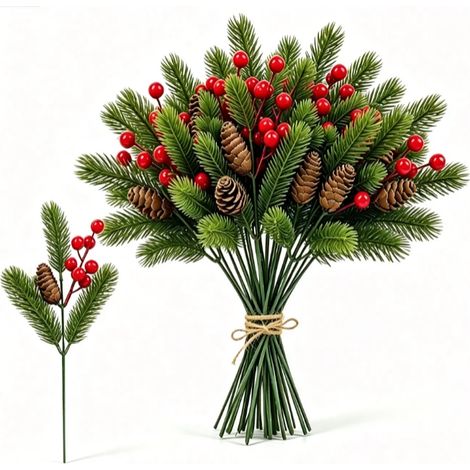 20 plaques décoratives de Noël réalistes avec des baies rouges et des pommes de pin, des branches artificielles ornées de baies et de pommes de pin, parfaites pour décorer votre table de Noël et créer (1/5)