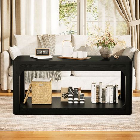 Table basse 100x50x44,5 cm, 2 niveaux avec 2 étagères, plateau épais 3 cm, design moderne, salon chambre, panneau bois robuste, noir (1/5)