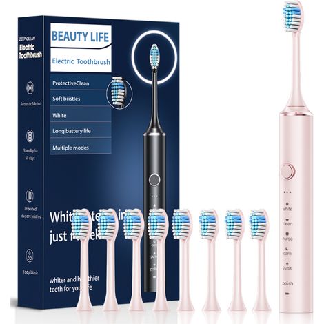 Brosse à dents électrique sonique rose 6 modes, poils souples DuPont, 8 têtes de remplacement étanche Rose (1/5)