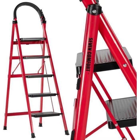 Sette Comfort-Escabeau 5 gradini-Pieghevole-Stabilità e sicurezza ottimali-carico 150KG-In Acciaio-Rosso (1/5)