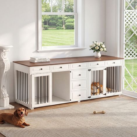 Cage pour chien intégrée meuble TV 200x60x85 cm bois métal, niche intérieure avec loquets pour 2 chiens, finition noyer ou blanc (1/5)