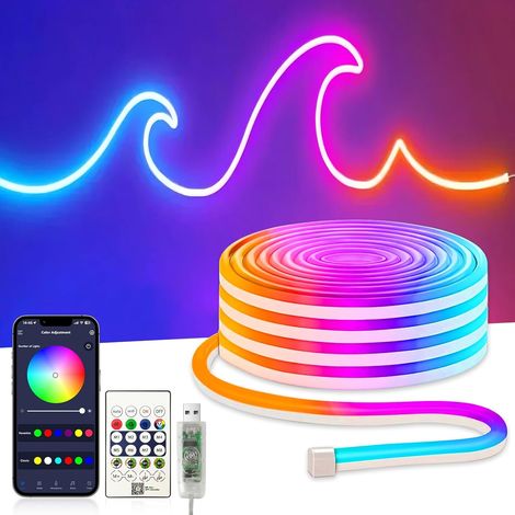 Neon Rubans LED 5M, Bandes LED RGBIC, Contrôle Intelligent par App, Flexible Étanche Découpable, Synchronisation Musique, Lmières LED DIY pour Chambre, Cuisine, Fête, Salon [Classe énergétique F] (1/5)