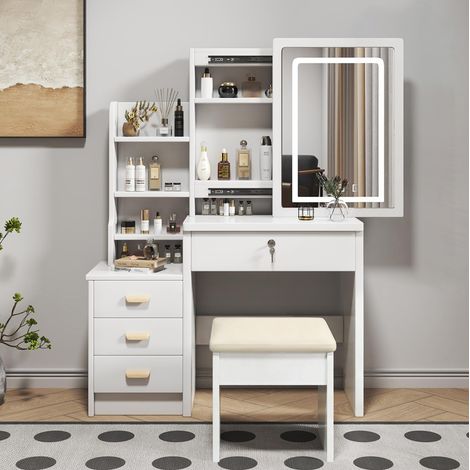 Coiffeuse en MDF blanc avec miroir LED et tabouret, style rétro classique (1/5)