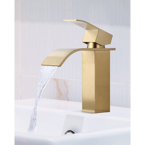 Robinet Lavabo Cascade Doré, Mitigeur Monotrou Salle de Bains, Robinetterie Évier avec Cartouche Céramique, Cuivre Finition Or, 1 Pièce (1/5)
