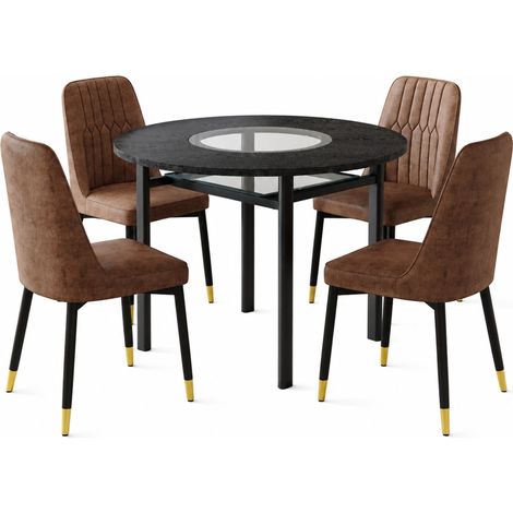 Modernes runder Tischset 100 cm mit 4 Stühlen in braunem Stoff und schwarzen Metallbeinen (1/5)