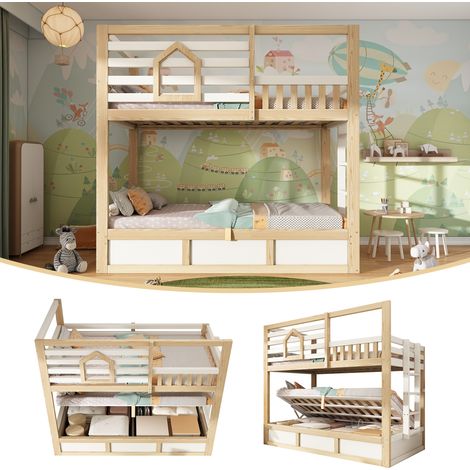 Lit superposé cabane enfant 90x200 cm blanc/naturel avec fenêtre, échelle droite, barrières, coffre hydraulique, sans matelas