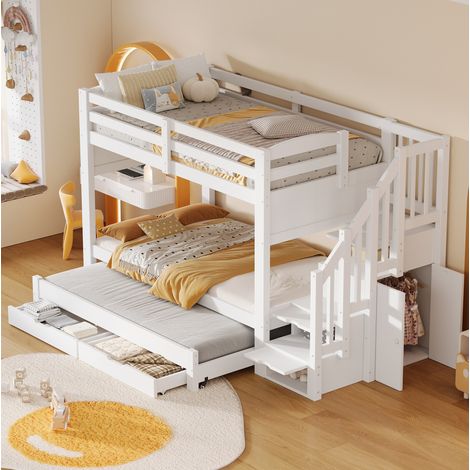 MODFU – Litera 90x200 cm con cama nido, 2 cajones, escalera de almacenaje y armario, estructura de madera – Blanco (1/5)