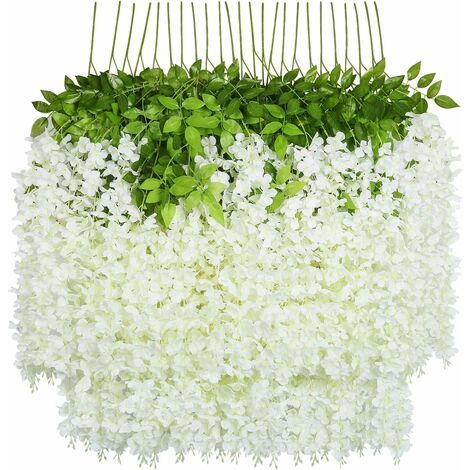 Fiori artificiali, 24 pezzi di glicine finto artificiale, fiori di seta appesi, decorazioni per la casa, matrimoni e feste (24 pezzi, 110 cm / ogni filo, bianco) (1/5)