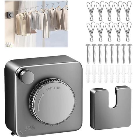 Étendoirs Rétractables – Corde à Linge de 4,2M en Acier Inoxydable, Anti-affaissement, Intérieur & Extérieur, pour Balcon et Salle de Bain, Livré avec 10 Clips Coupe-Vent (Noir) (1/5)