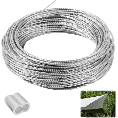 50 m x 1 mm Stahlseil, Drahtseil mit 50 Aluminium-Quetschschlaufen, flexibles Edelstahlseil, Hochleistungs-Aufhängedraht für Wanddekorationen, Foto
