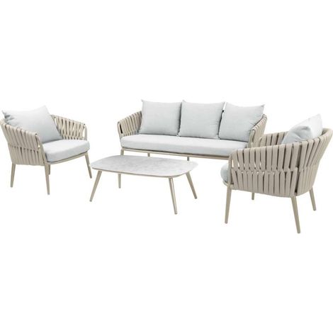 Set Salotto da Giardino in Alluminio Beige Divano 3 Posti 2 Poltrone e Tavolino con Cuscini - Corallo Domo Mea (1/5)