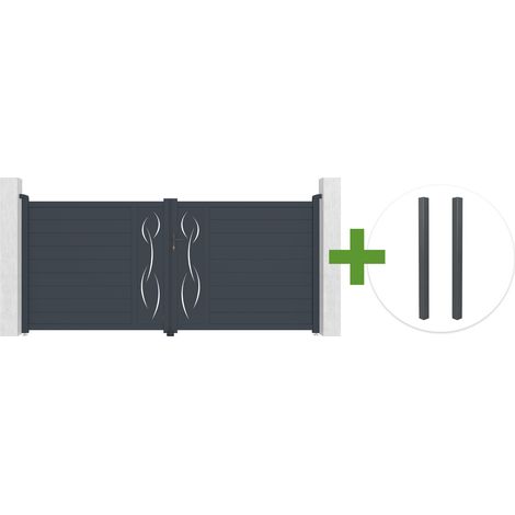 Portail battant 3,5m LIFE H.160cm aluminium gris + 2 poteaux ELDA aluminium gris 15x15cm (1/5)