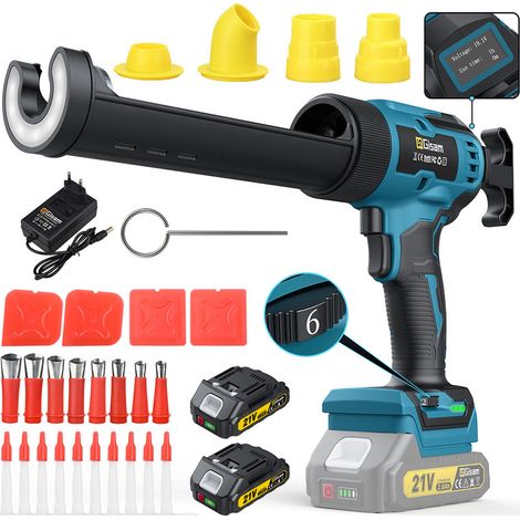 Gisam – Pistolet extrudeur à silicone électrique sans fil – 2 batteries 2000mAh – 300ml – 6 vitesses – lumière LED pour calfeutrage précis