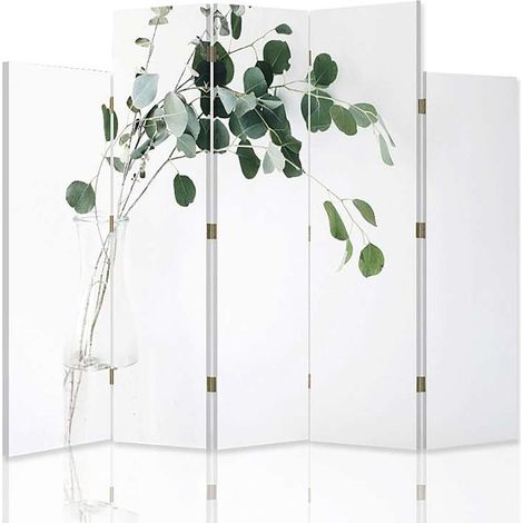 Paravent Déco Plante Vase en Verre, Séparateur d'Espace 5 Panneaux - 180 x 180 cm - 2 faces R° V° + rotation 360°
