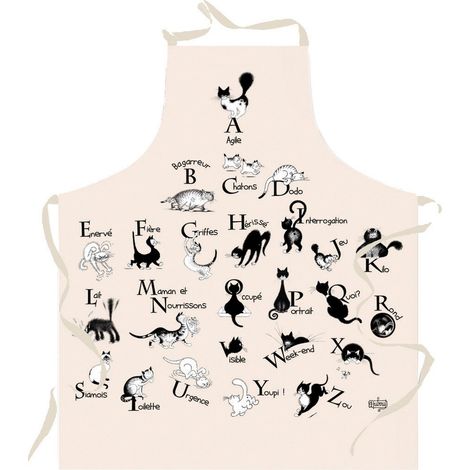 Tablier de Cuisine de Protection Motif Chats et Alphabet 100% Coton Écru 72 x 85 cm - PANGIVO