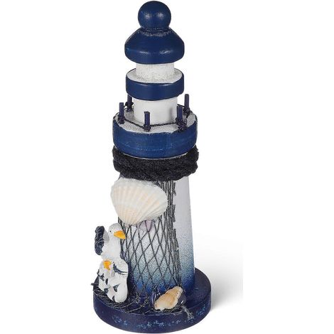 Décoration de phare, modèle marin nautique de style méditerranéen peint à la main, avec filet de pêche, coquillage et bouée - Dimensions : 5 x 5 x 13 cm (style aléatoire) (1/5)