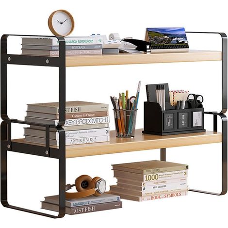 Organiseur de bureau avec étagère, 2 niveaux, en bois, étagère de bureau pour livres, étagère polyvalente, étagère de rangement pour la maison, le bureau, l’école (Noir + couleur bois) (1/5)