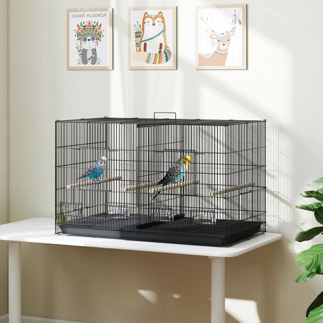 Jaula para Pájaros con Divisor 4 Comederos 4 Perchas Bandeja Extraíble para Loros Canarios Periquitos 94x57x57 cm Negro (1/5)