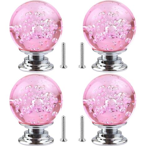 4 poignées en cristal à bulles, tiroir, boutons en verre clair, alliage de zinc, rose. (1/5)