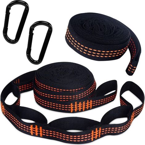 Set mit 2 Hängematten-Aufhängegurten, 2 schwarzen Karabinern, Tragkraft 300 kg, Baumaufhängungsset, orangefarbene Gurte, Zubehör für Camping und Wandern (1/5)