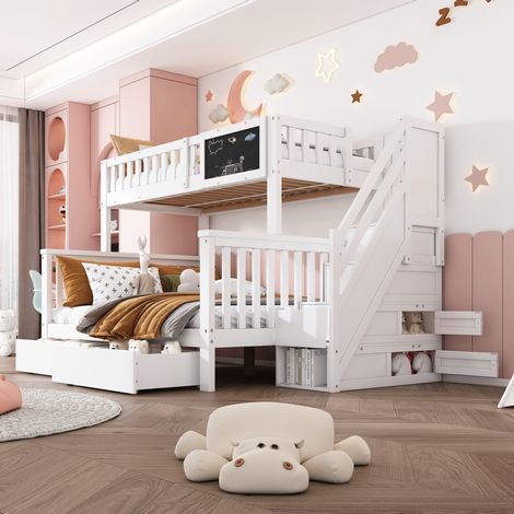 MODFU – Letto a castello per bambini 90x200 e 140x200 cm in pino con lavagna, scale contenitore, cassetti e rete a doghe – Bianco (1/5)