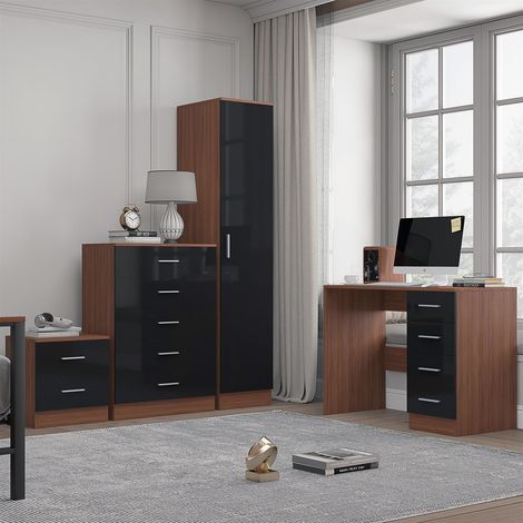 Reflect 1 Door Plain Wardrobe, 5 Drawer Chest, 2 Drawer Bedside & Desk - Black Gloss & Walnut - Bedroom Furniture Set (1/5)