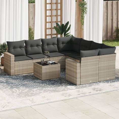 Set muebles jardín 9 pzas y cojines ratán sintético gris claro vidaXL (1/3)