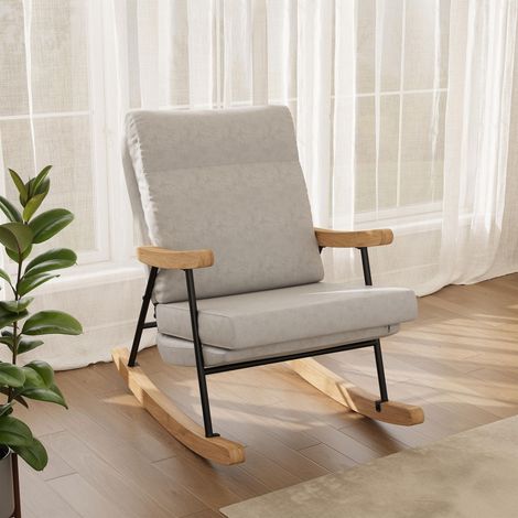 Poltrona a dondolo - Scandinava - con braccioli in legno, schienale alto e seduta imbottita - in tessuto di lino grigio chiaro (1/5)