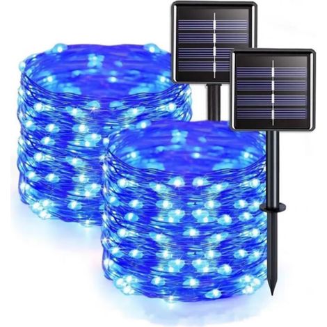Guirlande lumineuse solaire d'extérieur, 12 m, argentée, 100 lumières, 8 modes – Lumière bleue, idéale pour jardin, terrasse, cour, maison, Noël, mariages et fêtes [Classe énergétique A] (1/5)