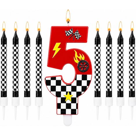 Bougie d'anniversaire chiffre 5 voiture de course, bougie de 5 ans avec 8 bougies de gâteau noires et blanches, drapeaux de course, décoration de gâteau pour anniversaire d'enfant (1/5)