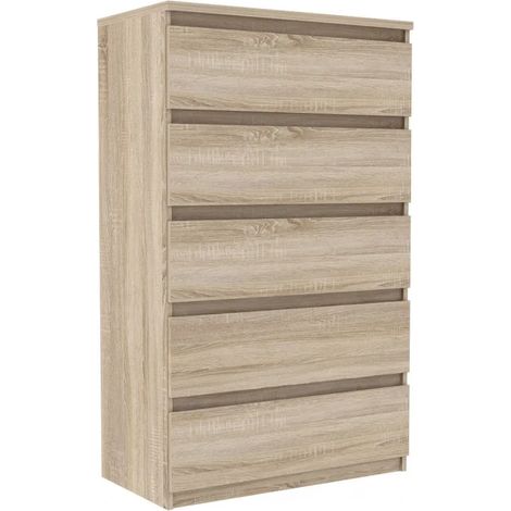 Grande commode 5 tiroirs décor chêne clair texturé - BENNY (1/5)