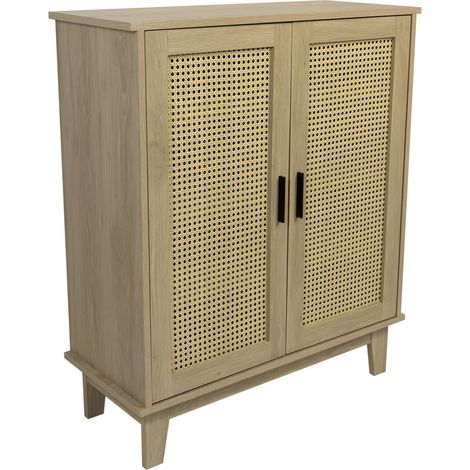 Commode 2 portes et 3 étagères cannage bois naturel 80 x 34 x 96 cm (1/5)