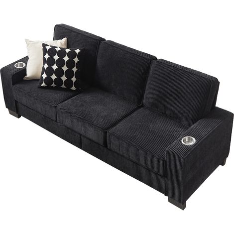 Sofá de 3 plazas de pana negra con portavasos, 206 cm, MODENUIT (1/5)