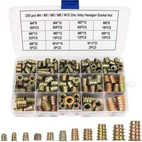 [JAMAIS UTILISÉ] 230 Pcs Écrous Hexagonaux M4 M5 M6 M8 M10 avec Inserts Filetés, Alliage de Zinc Insert Fileté Hexagonale Écrous Inserts pour Kit d'outils d'écrou pour Meubles en Bois (1/4)