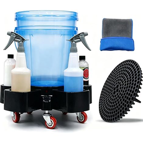 Chariot de seau de lavage de voiture avec compartiments à bouteilles, filtre à sédiments et gant de lavage, roulettes pivotantes avec freins, chariot à seau roulant facile à pousser pour détaillage (1/5)