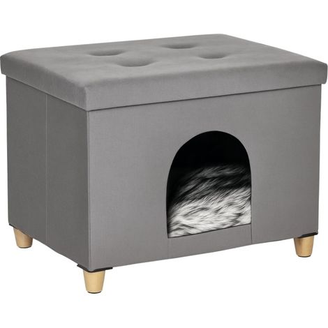 Pouf maison pour chat 2-en-1 avec coussin, pieds en bois, gris, 60 x 45 x 44,5 cm (1/5)