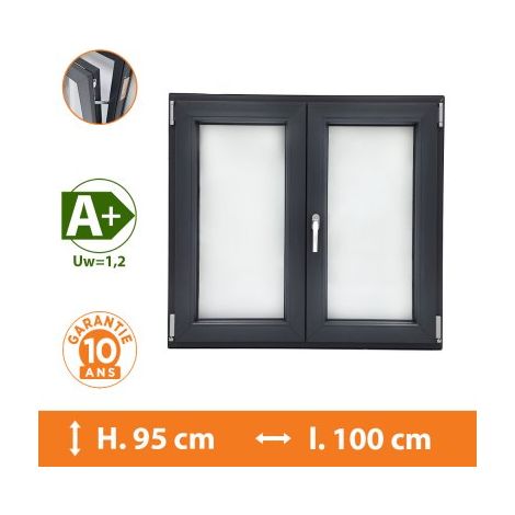 Direct Fenêtres – Fenêtre PVC 2 Vantaux Gris Anthracite – H.95 x l.100 cm – Double vitrage A+ – Ouverture oscillo-battante – Isolation thermique et acoustique