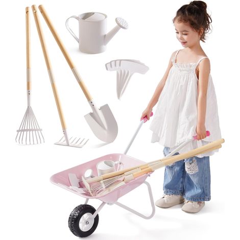Brouette en métal pour enfants avec outils de jardinage Rose à (1/5)