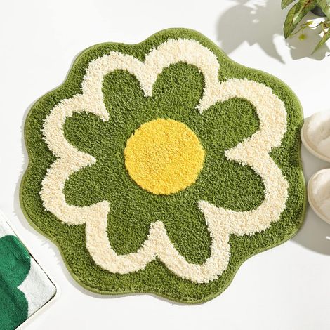 Grüner Badezimmerteppich mit Blumenmuster, rutschfest und saugfähig, super süßer, maschinenwaschbarer Badezimmerteppich (1/5)
