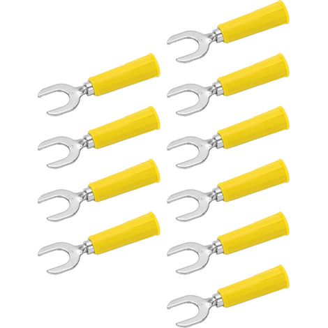 Connectique électrique 10 pièces fiche banane fourche cuivre PVC jaune, alésage 4mm, cosse en U 8mm, connecteur de câble audio. (1/5)